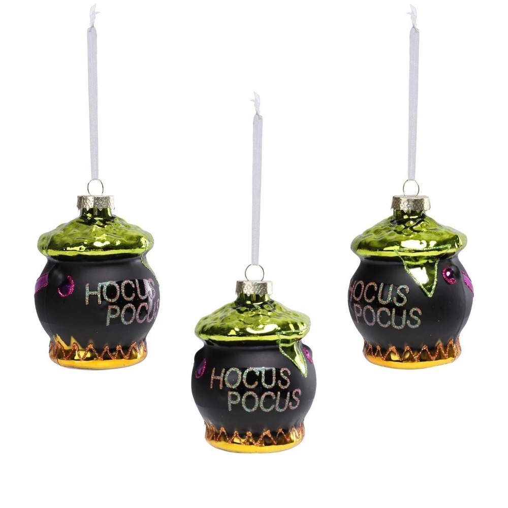 Hocus Pocus Halloween Cauldron Glass Ornaments Set of 3 Black Green 3.5 Inch